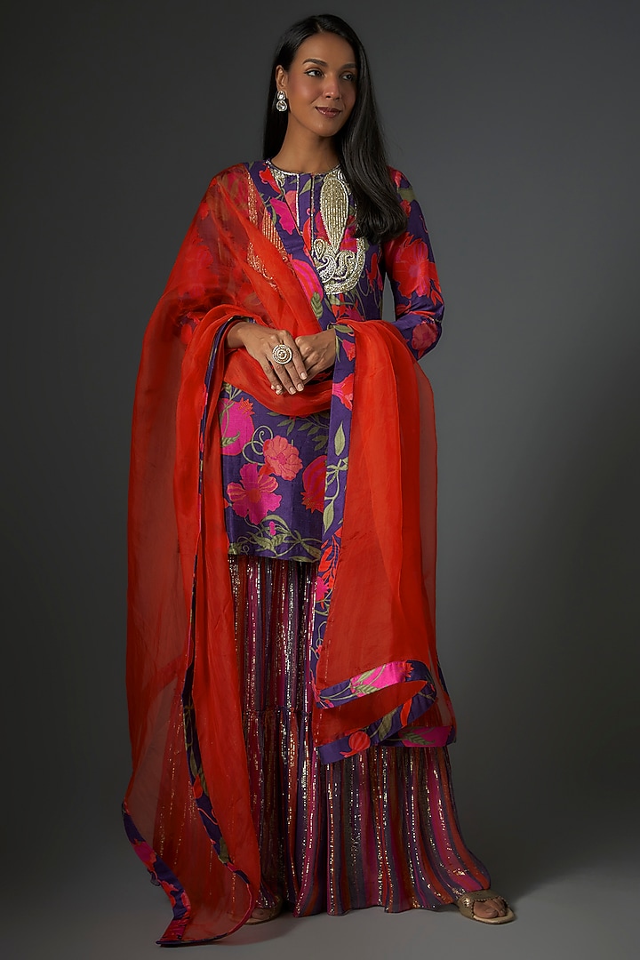 Purple & Pink Bemberg Silk Digital Printed & Hand Embroidered Kurta Set by Archana Shah at Pernia's Pop Up Shop