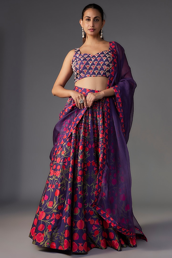 Purple Blended Silk Floral Printed Wedding Lehenga Set by Archana Shah at Pernia's Pop Up Shop