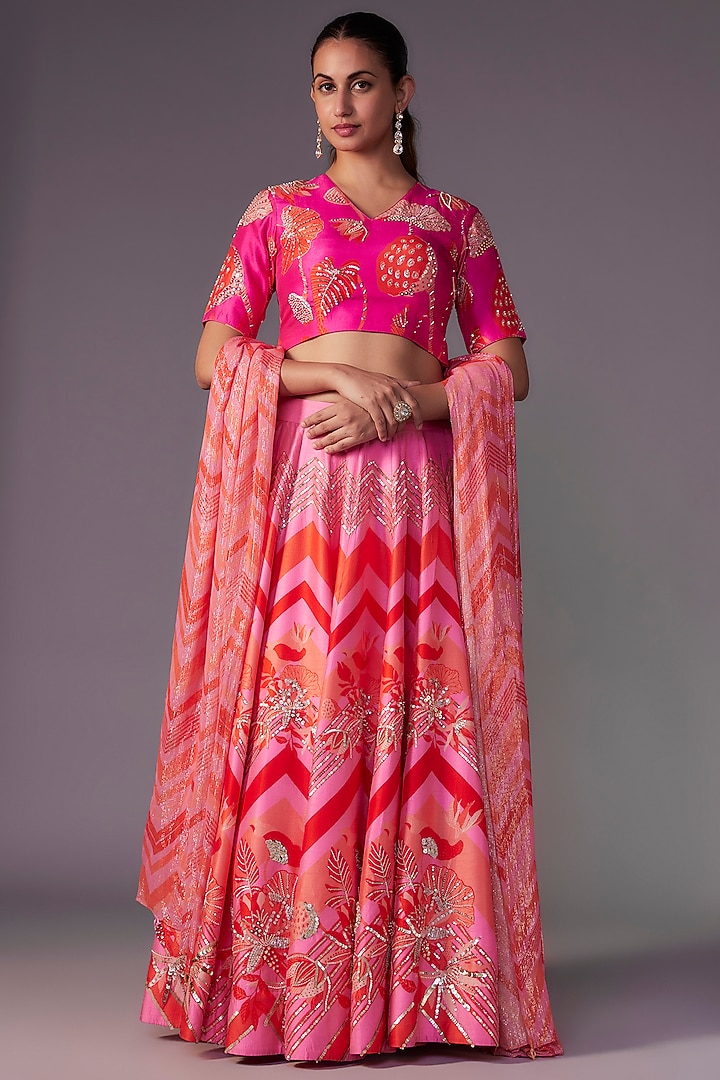 Pink Blended Silk Floral Printed Wedding Lehenga Set by Archana Shah at Pernia's Pop Up Shop