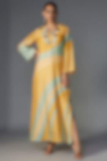 Mint & Yellow Silk Floral Printed Maxi Vacation Dress by Archana Shah at Pernia's Pop Up Shop