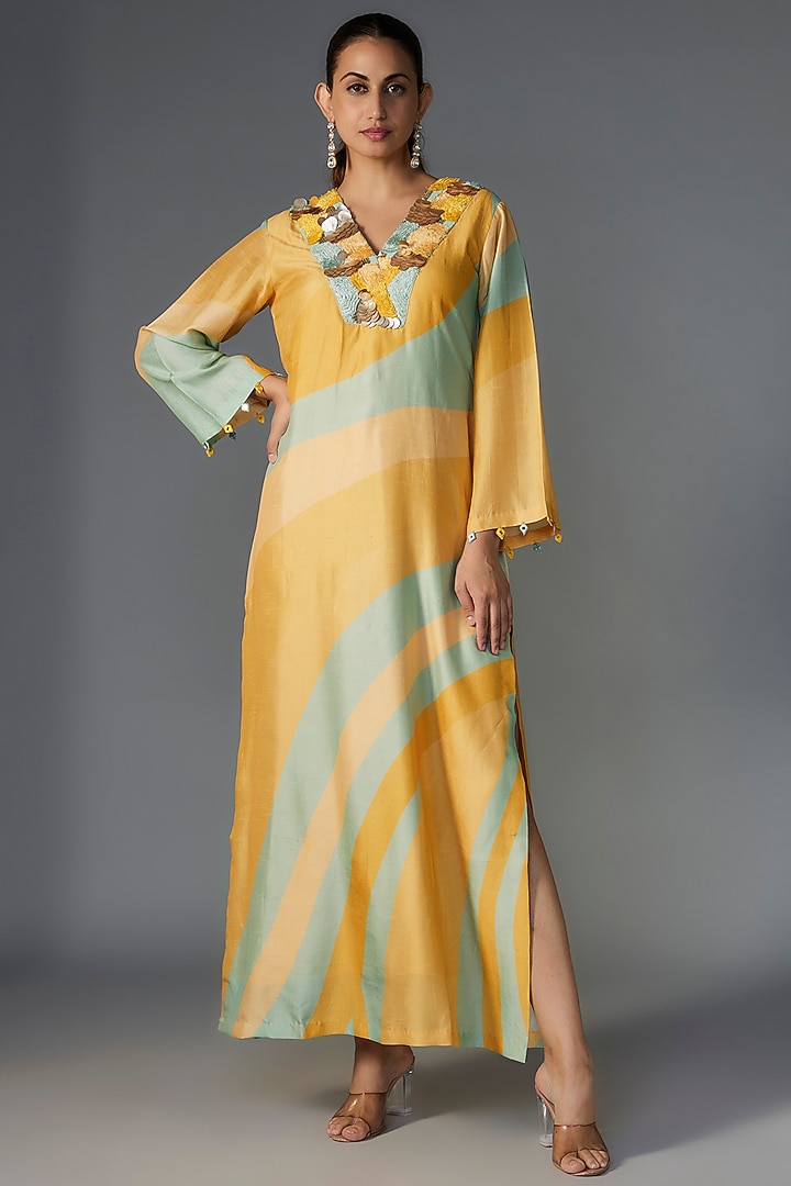 Mint & Yellow Silk Floral Printed Maxi Vacation Dress by Archana Shah at Pernia's Pop Up Shop