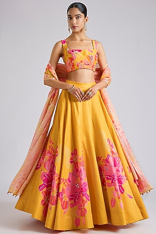 Yellow Silk Printed & Hand Embroidered Lehenga Set by Archana Shah