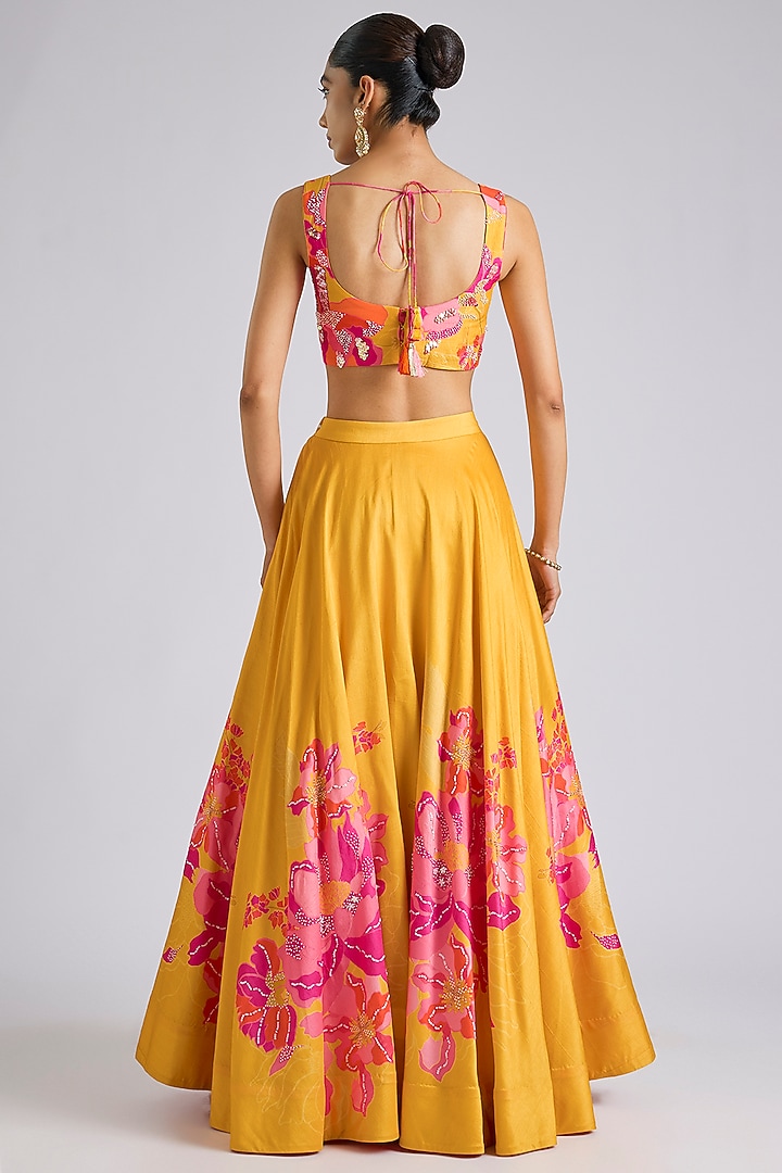 Yellow Silk Printed & Hand Embroidered Wedding Lehenga Set by Archana Shah at Pernia's Pop Up Shop