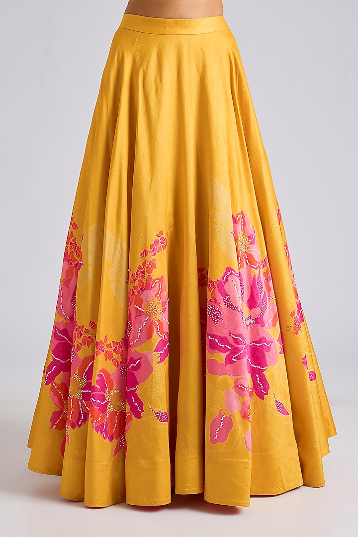 Yellow Silk Printed & Hand Embroidered Wedding Lehenga Set by Archana Shah at Pernia's Pop Up Shop
