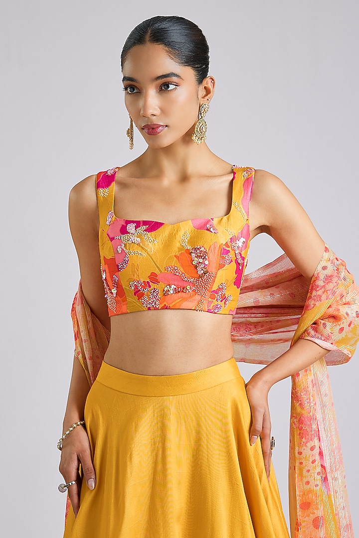 Yellow Silk Printed & Hand Embroidered Wedding Lehenga Set by Archana Shah at Pernia's Pop Up Shop