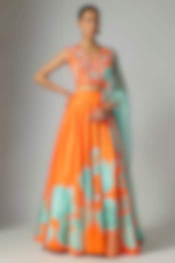 Orange Silk Printed & Hand Embroidered Wedding Lehenga Set by Archana Shah at Pernia's Pop Up Shop