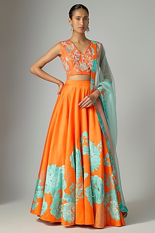 Orange Silk Printed & Hand Embroidered Lehenga Set by Archana Shah