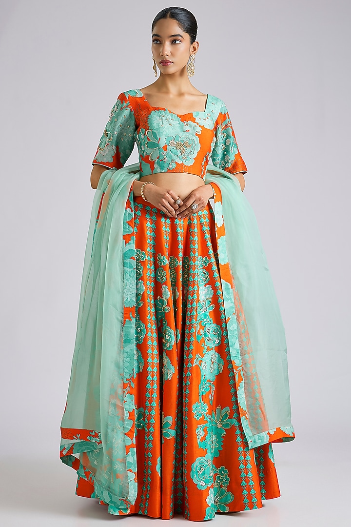 Orange Silk Printed & Hand Embroidered Wedding Lehenga Set by Archana Shah at Pernia's Pop Up Shop