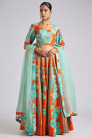 Orange Silk Printed & Hand Embroidered Lehenga Set by Archana Shah
