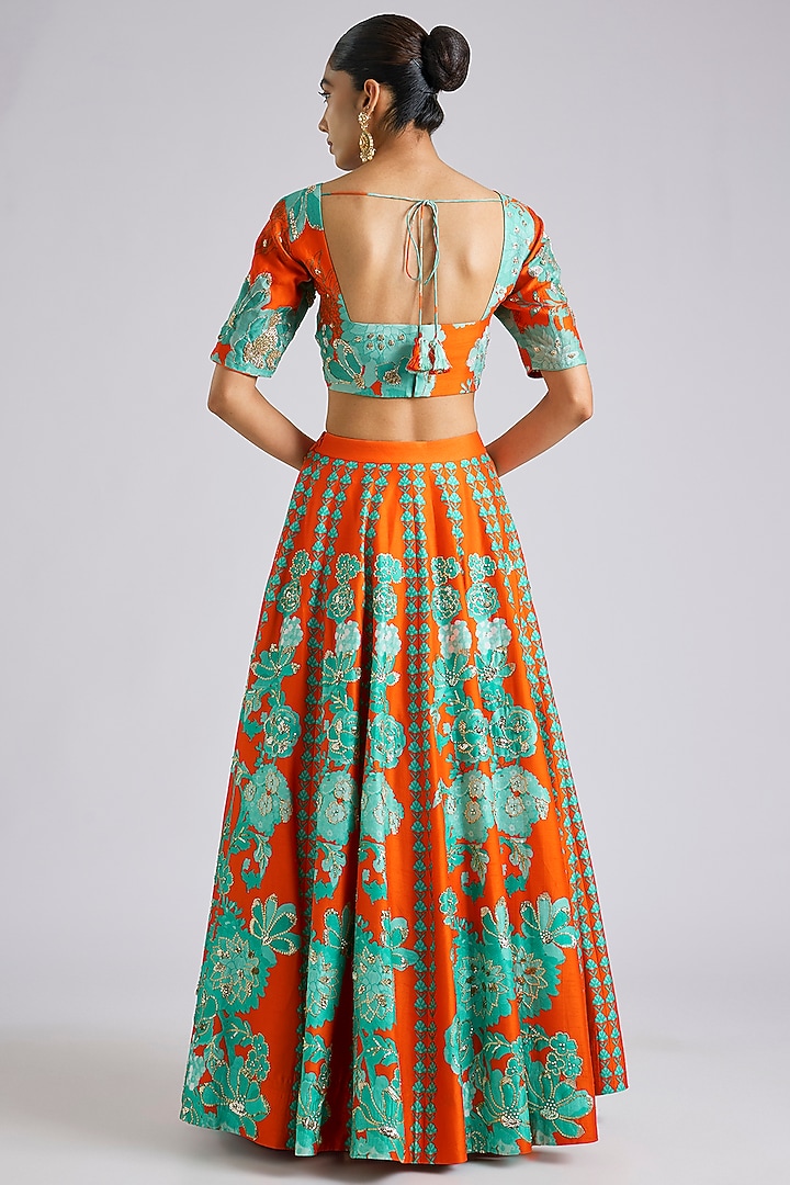 Orange Silk Printed & Hand Embroidered Wedding Lehenga Set by Archana Shah at Pernia's Pop Up Shop