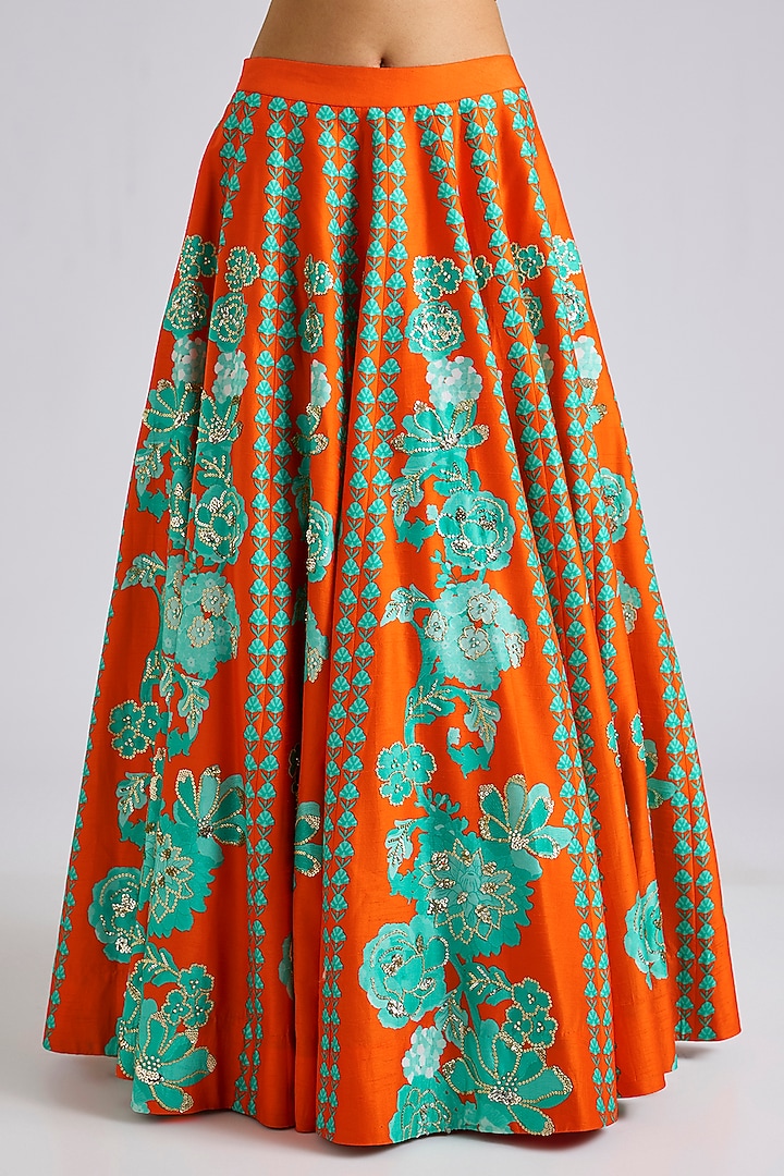 Orange Silk Printed & Hand Embroidered Wedding Lehenga Set by Archana Shah at Pernia's Pop Up Shop