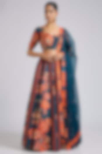 Navy Silk Printed & Hand Embroidered Wedding Lehenga Set by Archana Shah at Pernia's Pop Up Shop