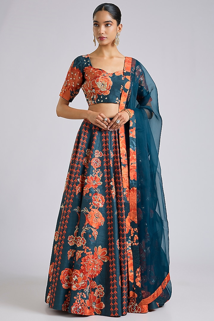 Navy Silk Printed & Hand Embroidered Wedding Lehenga Set by Archana Shah at Pernia's Pop Up Shop