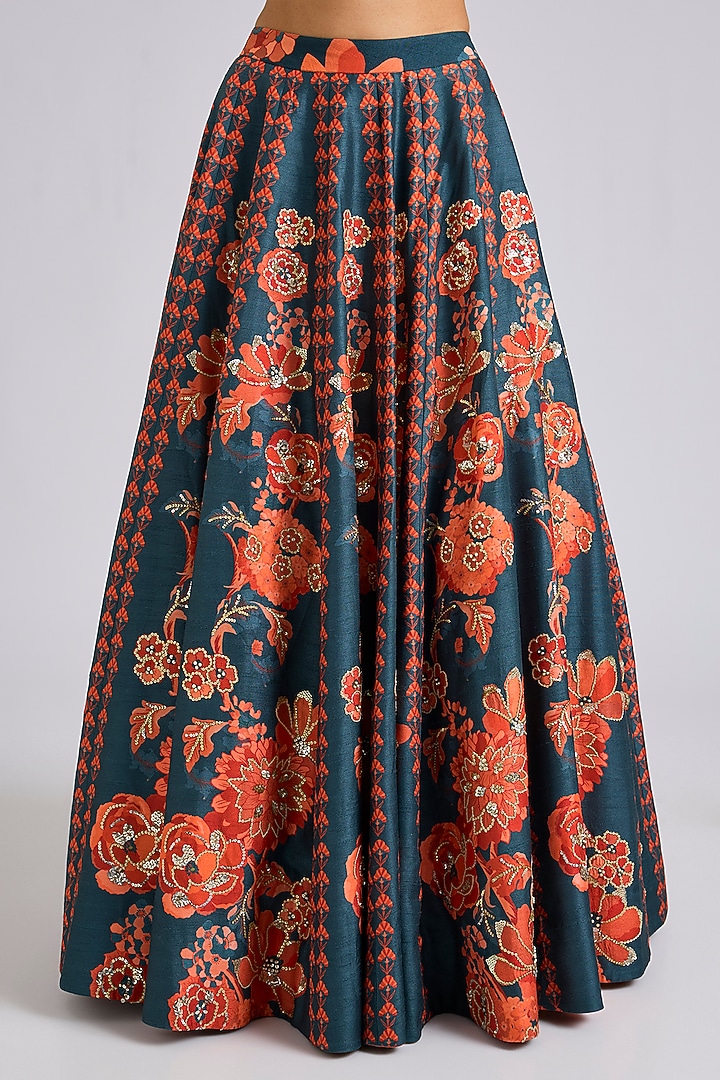 Navy Silk Printed & Hand Embroidered Wedding Lehenga Set by Archana Shah at Pernia's Pop Up Shop