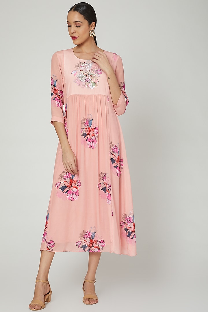 Peach Floral Printed Crepe Tunic by Archana Shah