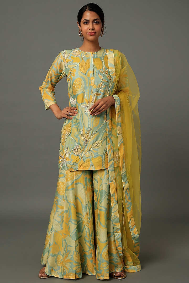 Mint Green & Yellow Printed Wedding Sharara Set by Archana Shah at Pernia's Pop Up Shop