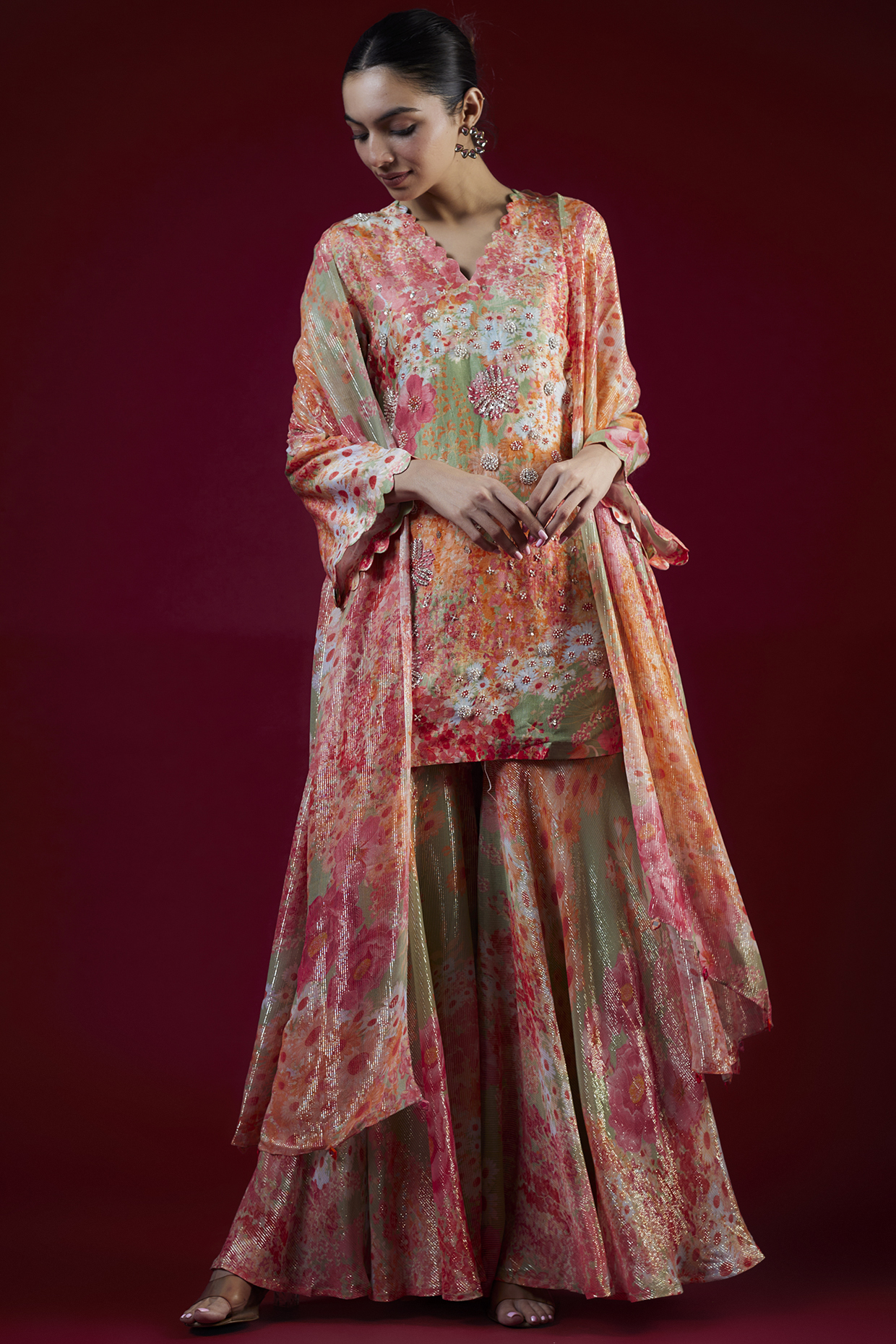Green Georgette Printed Party Wear Sharara Set by Archana Shah at Pernia's Pop Up Shop