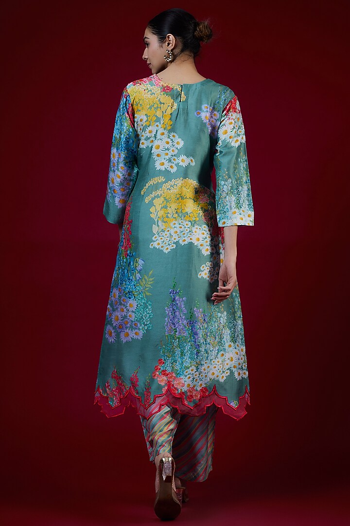 Blue Bemberg Silk Digital Printed & Hand Embroidered Kurta Set by Archana Shah at Pernia's Pop Up Shop