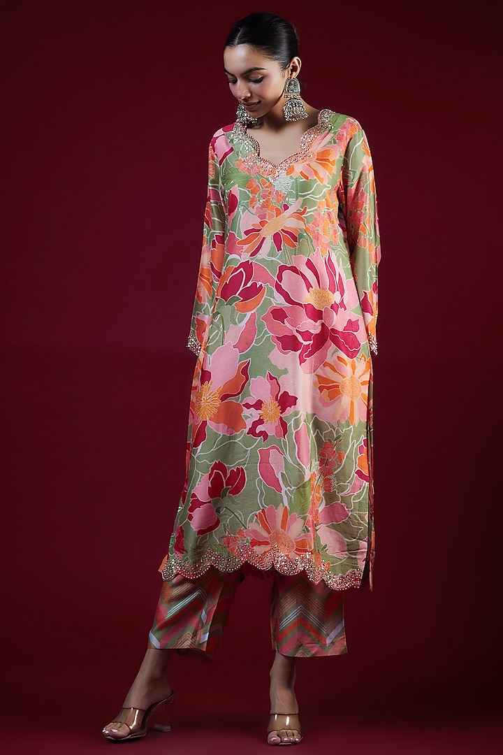 Multi-Colored Bemberg Silk Sequins Embroidered Kurta Set by Archana Shah at Pernia's Pop Up Shop
