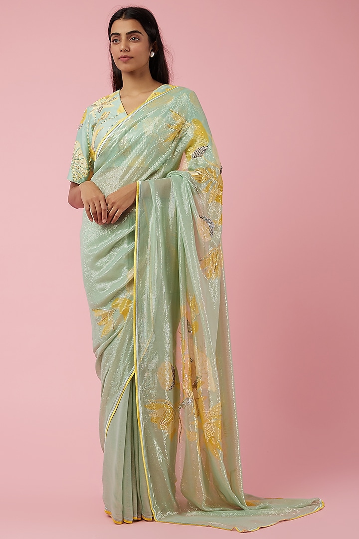 Powder Blue Georgette Floral Printed Wedding Saree Set by Archana Shah at Pernia's Pop Up Shop