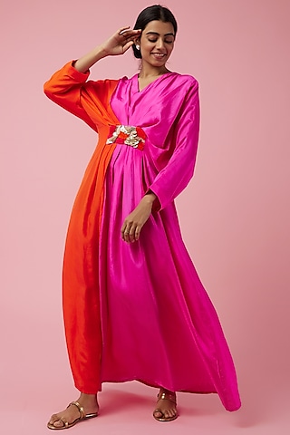 Orange & Fuchsia Habutai Silk Kaftan by Archana Shah
