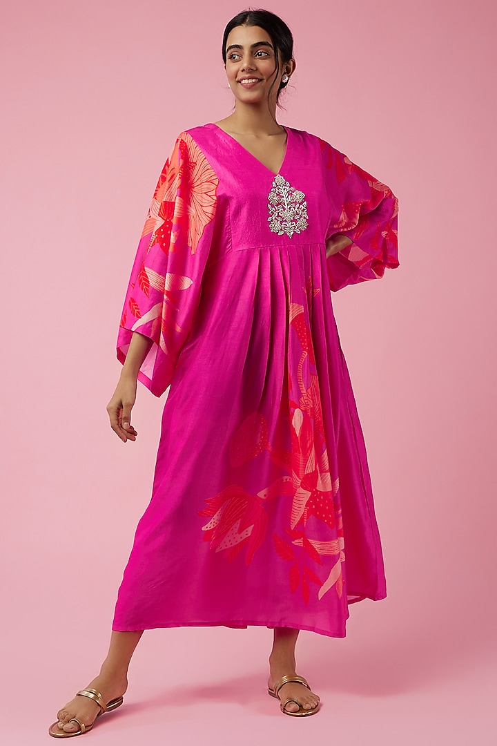Fuchsia Floral Printed Vacation Dress by Archana Shah at Pernia's Pop Up Shop