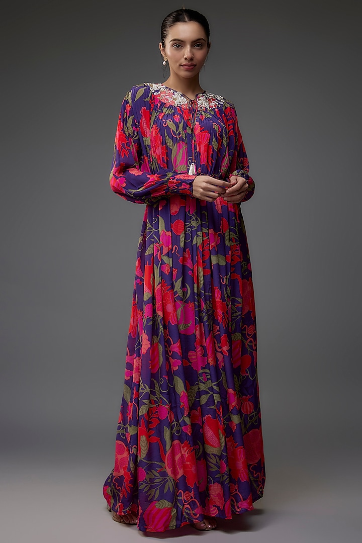 Purple Crepe Floral Printed Maxi Dress by Archana Shah