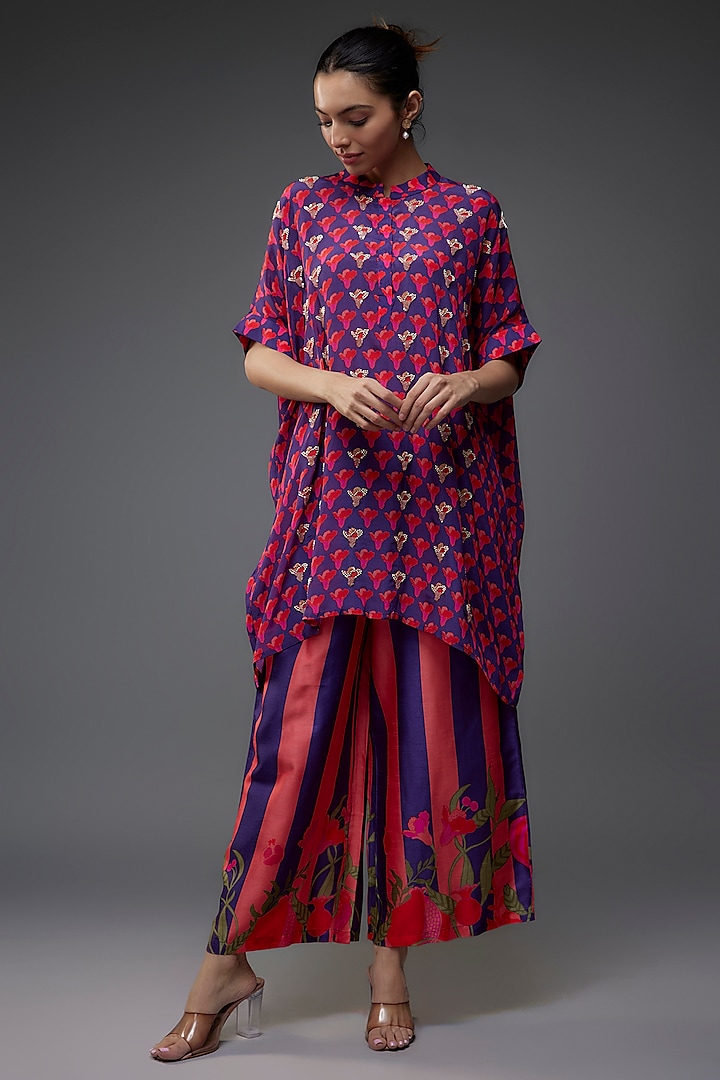 Purple Silk Boota Embroidered Kurta Set by Archana Shah