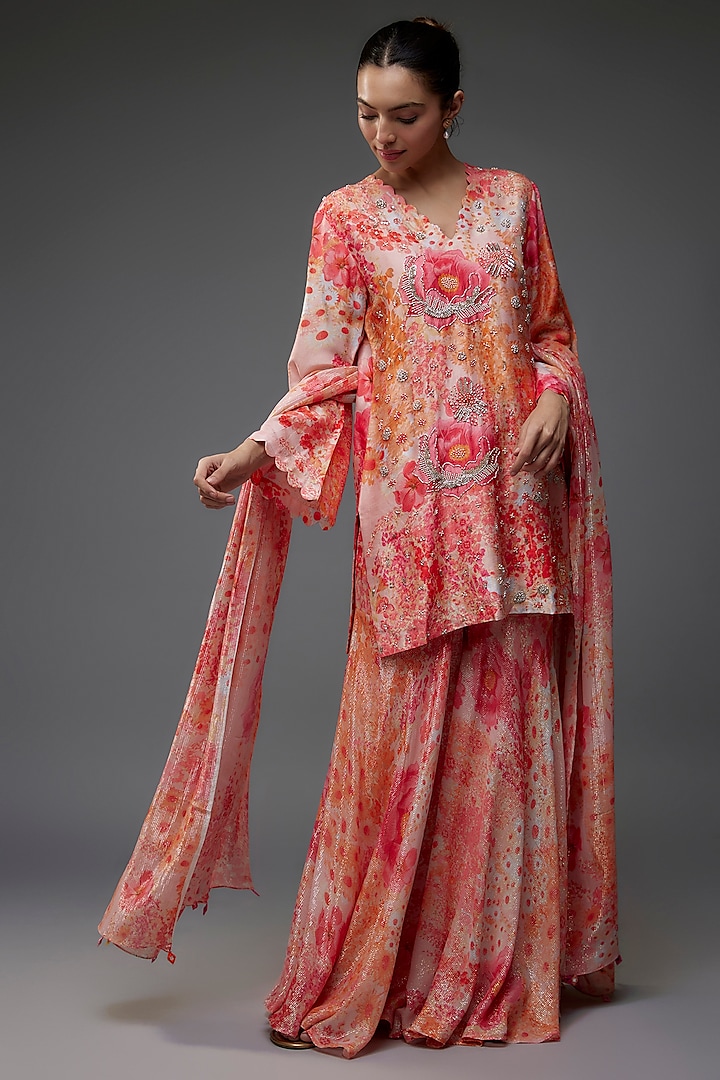 Peach Georgette Shimmer Printed Sharara Set by Archana Shah at Pernia's Pop Up Shop