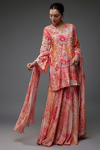Peach Georgette Shimmer Printed Sharara Set by Archana Shah
