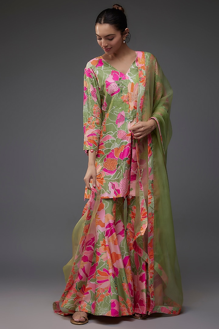 Green Bemberg Printed Wedding Sharara Set by Archana Shah at Pernia's Pop Up Shop
