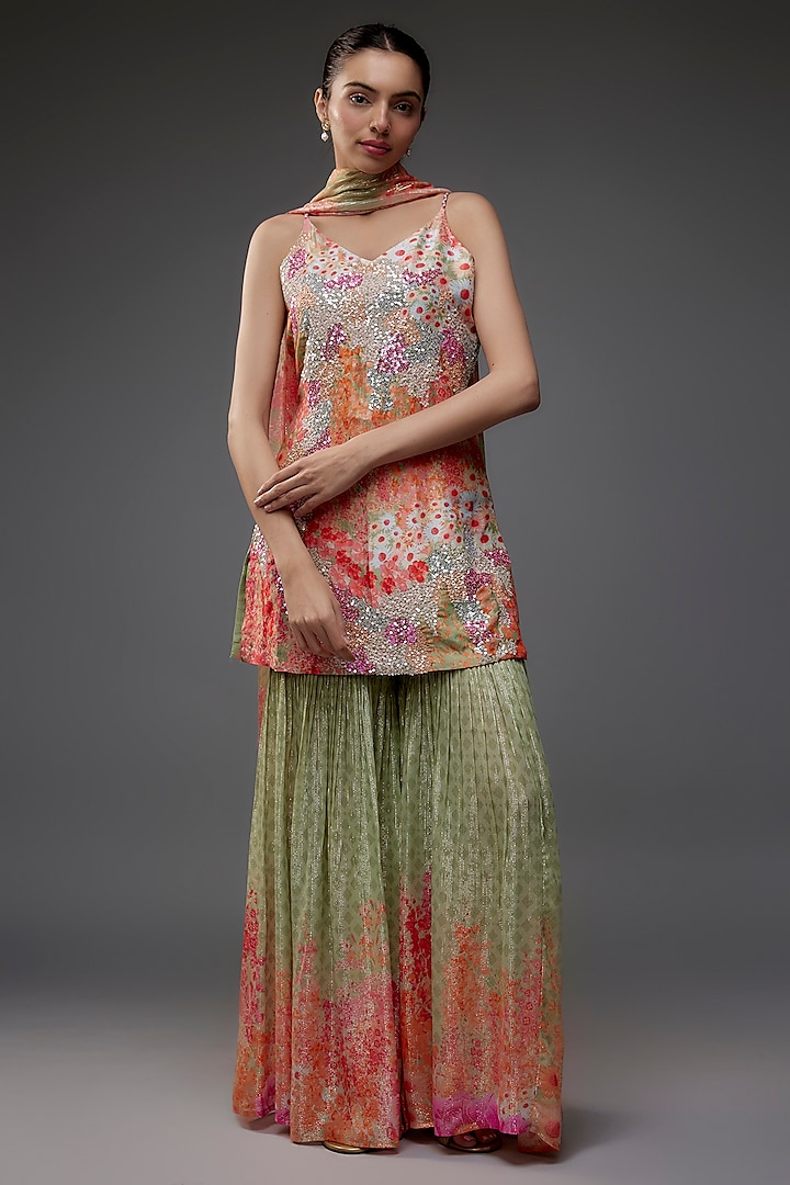 Multi-Colored Georgette Shimmer Printed Party Wear Sharara Set by Archana Shah at Pernia's Pop Up Shop