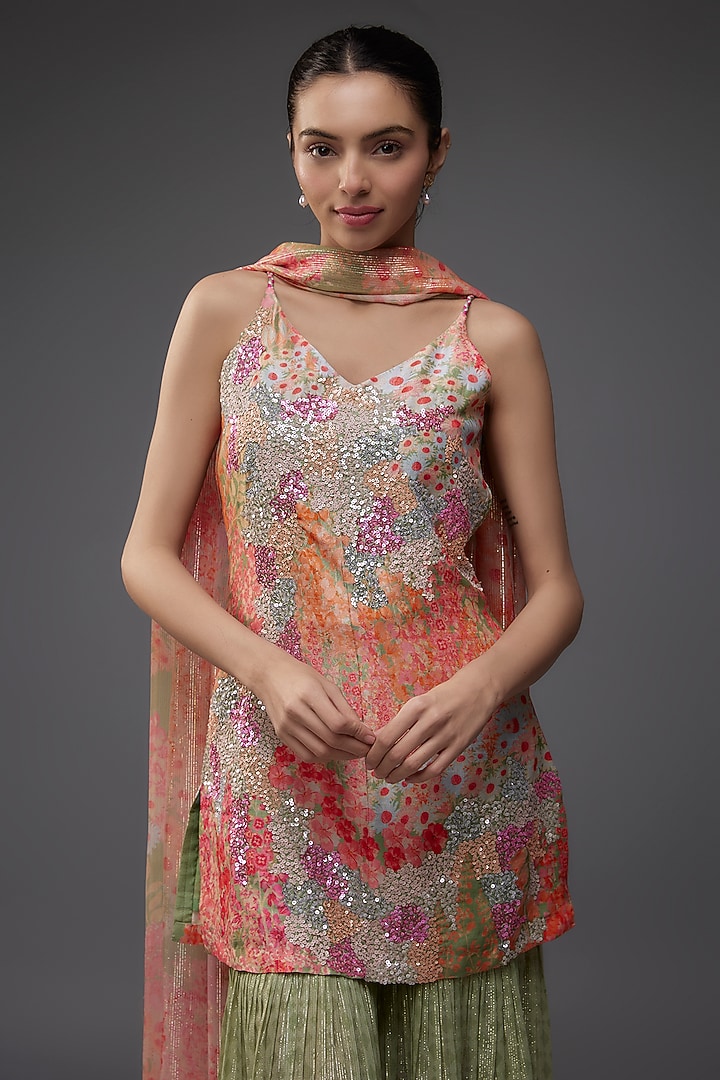 Multi-Colored Georgette Shimmer Printed Wedding Sharara Set by Archana Shah at Pernia's Pop Up Shop