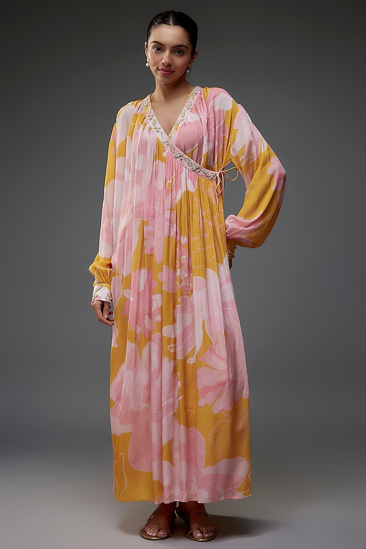 Yellow Natural Bemberg Crepe Digital Printed Wrap Tunic Set by Archana Shah at Pernia's Pop Up Shop