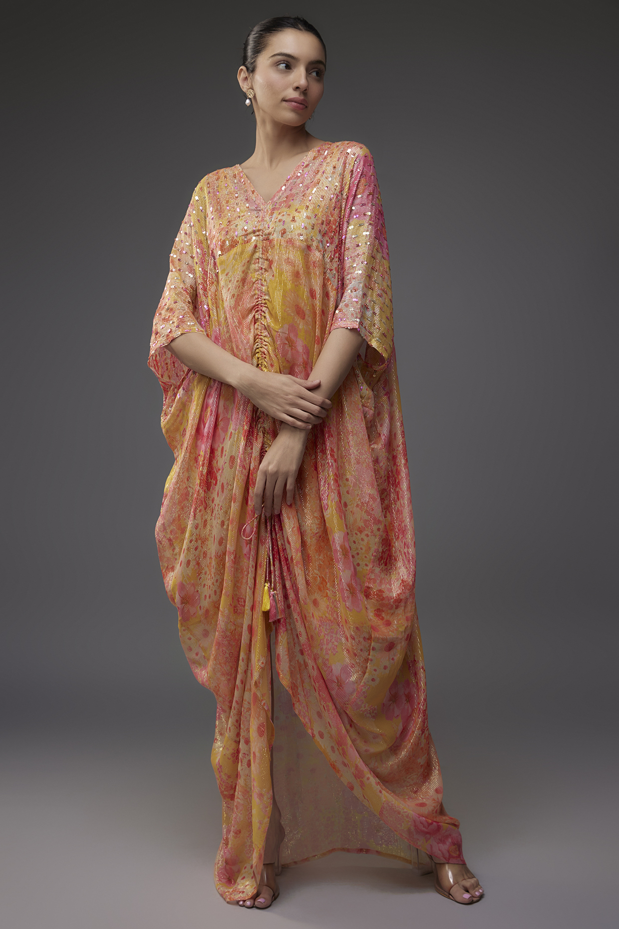Orange Georgette Shimmer Sequins Embroidered Kaftan by Archana Shah at Pernia's Pop Up Shop