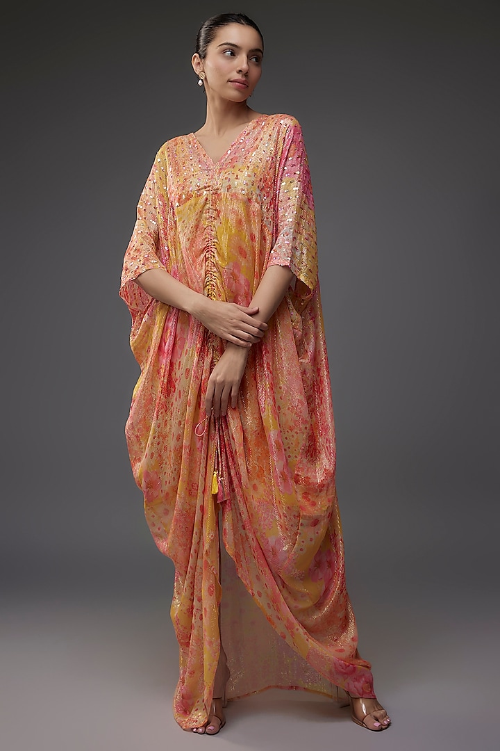 Orange Georgette Shimmer Sequins Embroidered Kaftan by Archana Shah at Pernia's Pop Up Shop