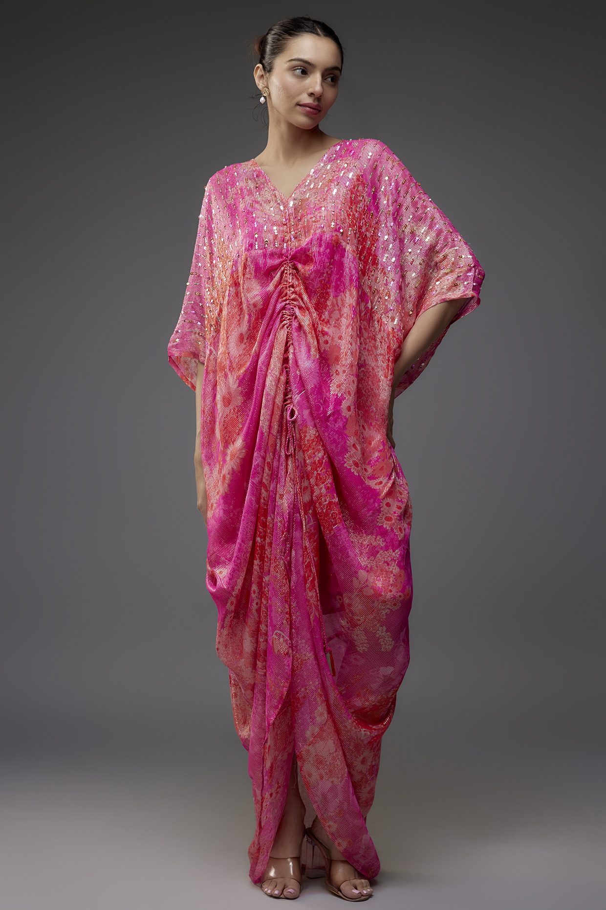 Fuchsia Georgette Shimmer Sequins Embroidered Kaftan by Archana Shah at Pernia's Pop Up Shop
