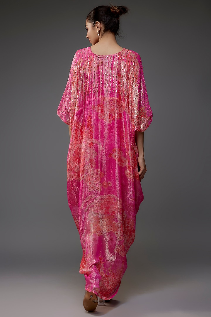 Fuchsia Georgette Shimmer Sequins Embroidered Kaftan by Archana Shah at Pernia's Pop Up Shop