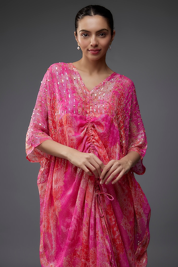 Fuchsia Georgette Shimmer Sequins Embroidered Kaftan by Archana Shah at Pernia's Pop Up Shop