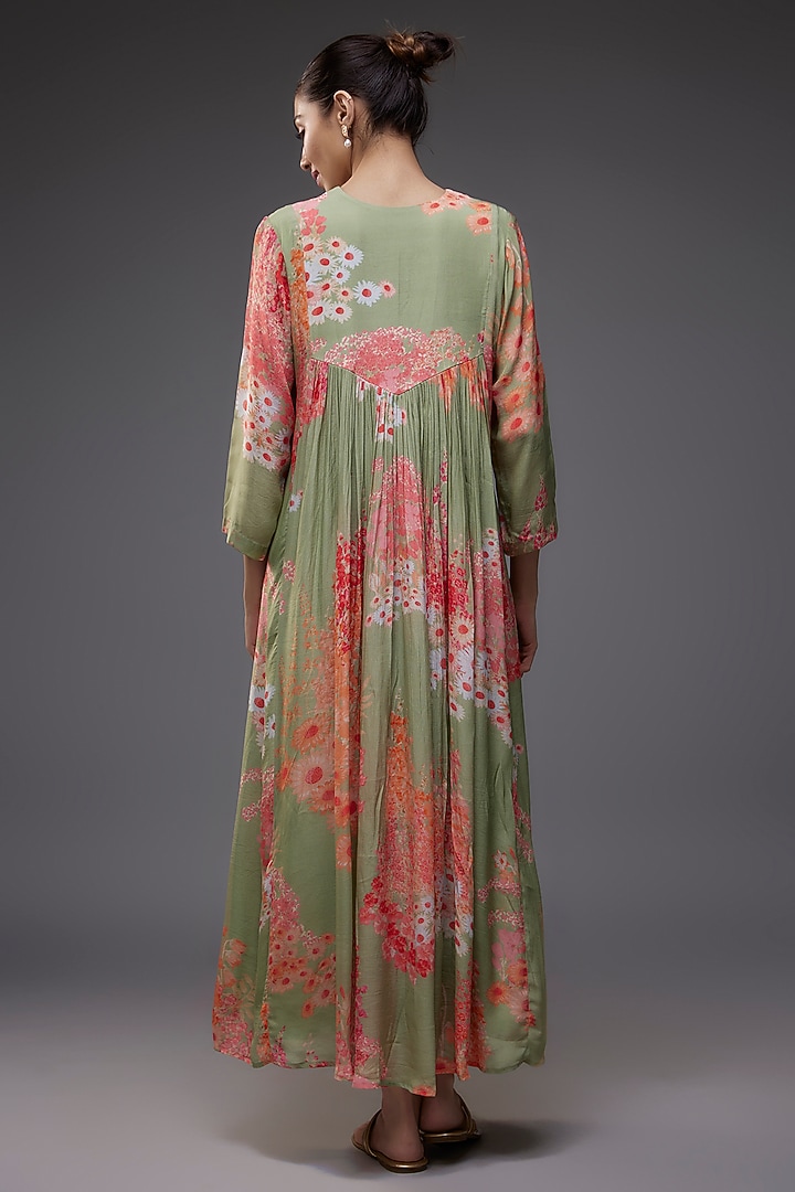 Green Natural Bemberg Crepe Hand Embroidered Maxi Vacation Dress by Archana Shah at Pernia's Pop Up Shop
