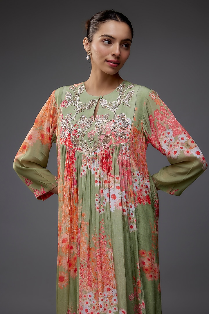Green Natural Bemberg Crepe Hand Embroidered Maxi Vacation Dress by Archana Shah at Pernia's Pop Up Shop