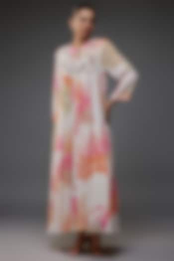 White & Pink Natural Bemberg Crepe Hand Embroidered Maxi Vacation Dress by Archana Shah at Pernia's Pop Up Shop