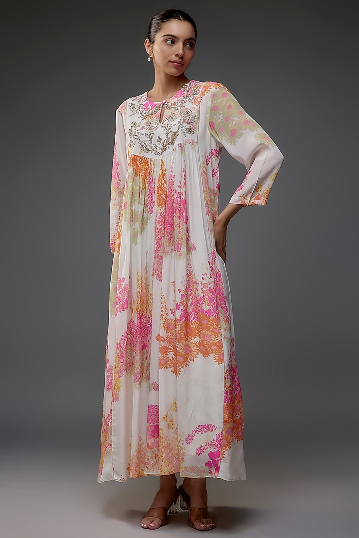 White & Pink Natural Bemberg Crepe Hand Embroidered Maxi Vacation Dress by Archana Shah at Pernia's Pop Up Shop