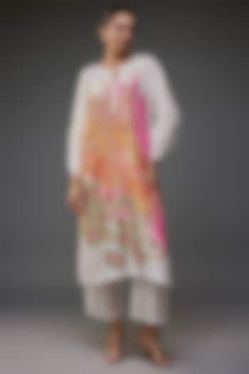 White Bemberg Silk Digital Printed & Hand Embroidered Tunic Set by Archana Shah at Pernia's Pop Up Shop