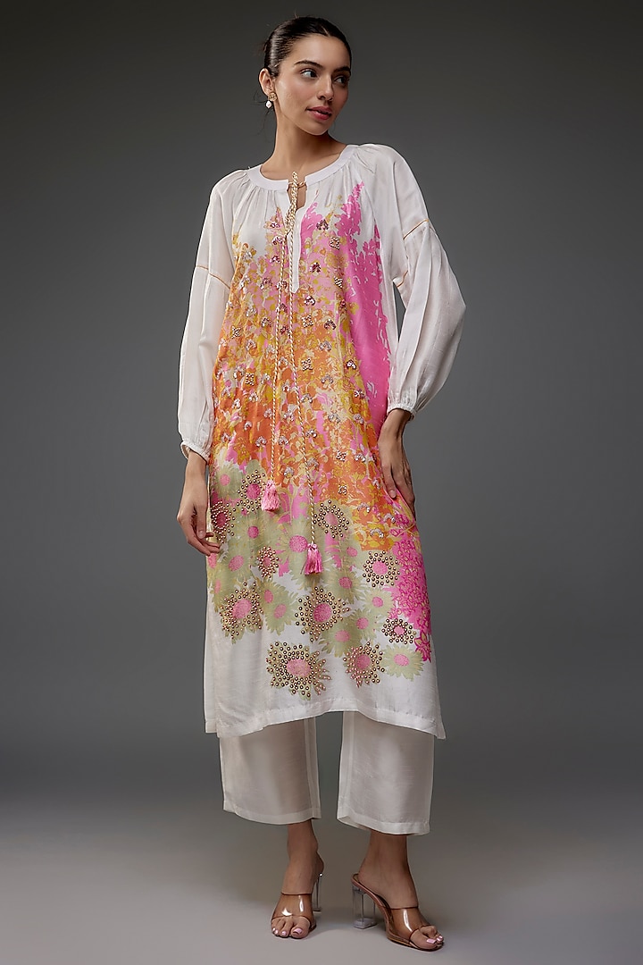 White Bemberg Silk Digital Printed & Hand Embroidered Tunic Set by Archana Shah at Pernia's Pop Up Shop