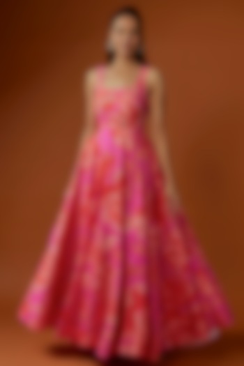 Fuchsia Silk Floral Printed Maxi Cocktail Dress by Archana Shah at Pernia's Pop Up Shop
