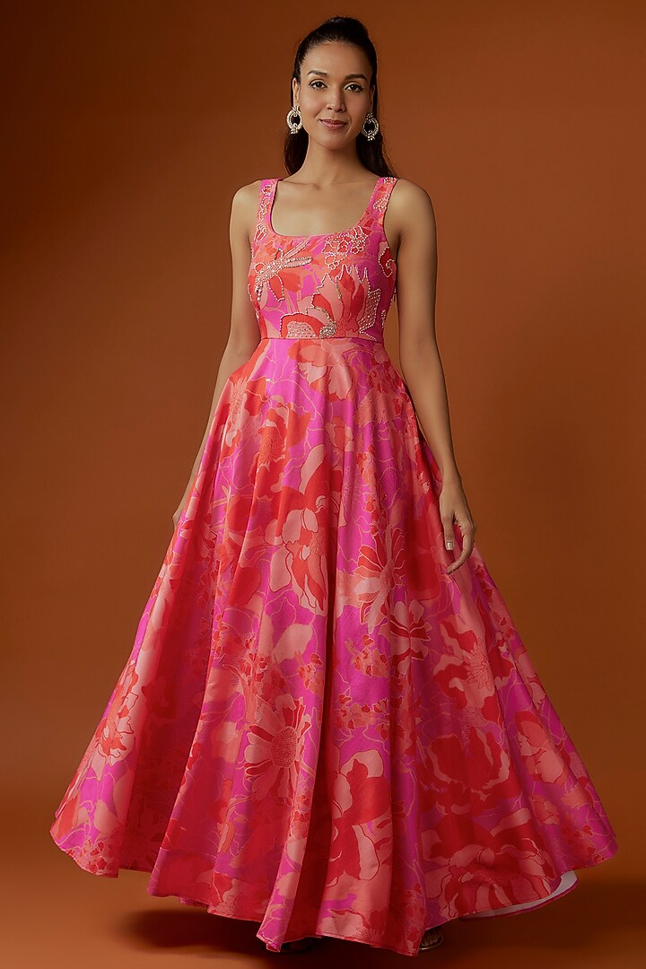 Fuchsia Silk Floral Printed Maxi Cocktail Dress by Archana Shah at Pernia's Pop Up Shop
