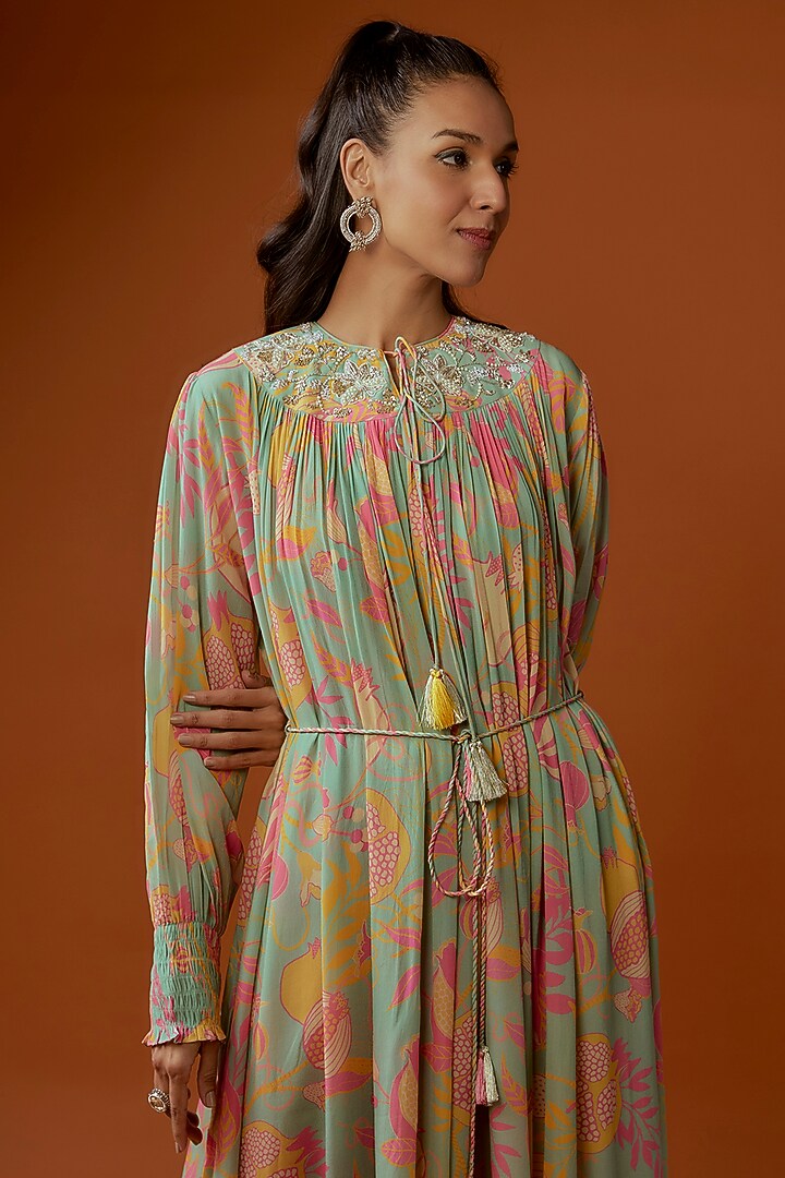 Green Crepe Floral Printed Maxi Vacation Dress by Archana Shah at Pernia's Pop Up Shop