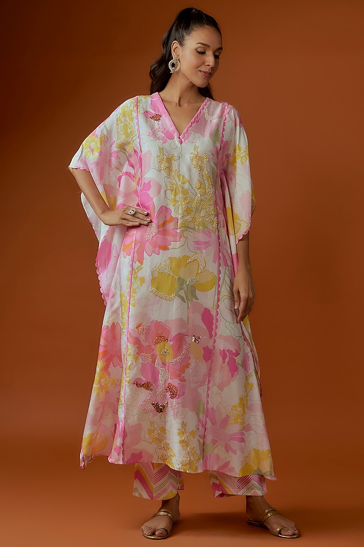 White & Pink Bemberg Silk Printed Kaftan Set by Archana Shah at Pernia's Pop Up Shop