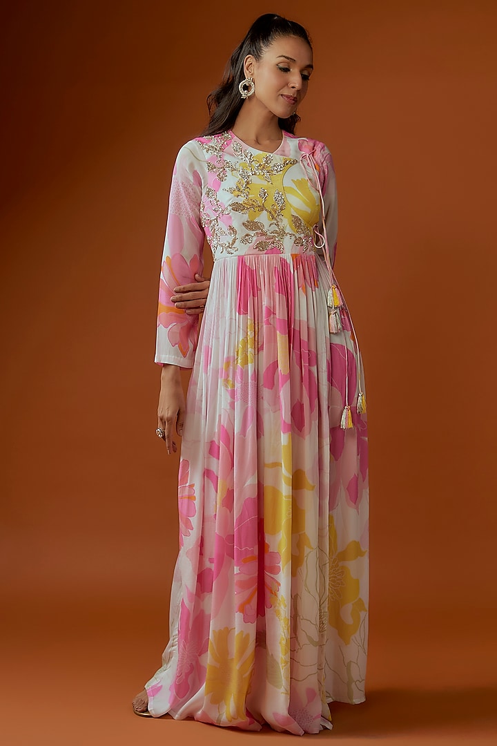 White & Pink Bemberg Crepe Floral Printed Maxi Dress by Archana Shah